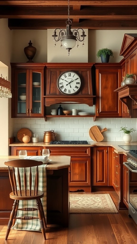 A cozy kitchen featuring classic redwood cabinets, a warm ambiance, and natural elements.