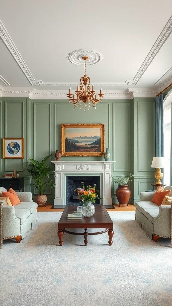 A classic living room featuring sage green walls, elegant furniture, and warm accents.