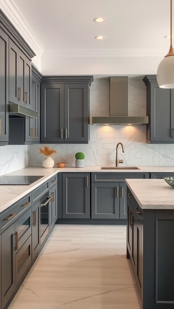 A modern kitchen featuring slate gray cabinets with brass hardware and light marble countertops.