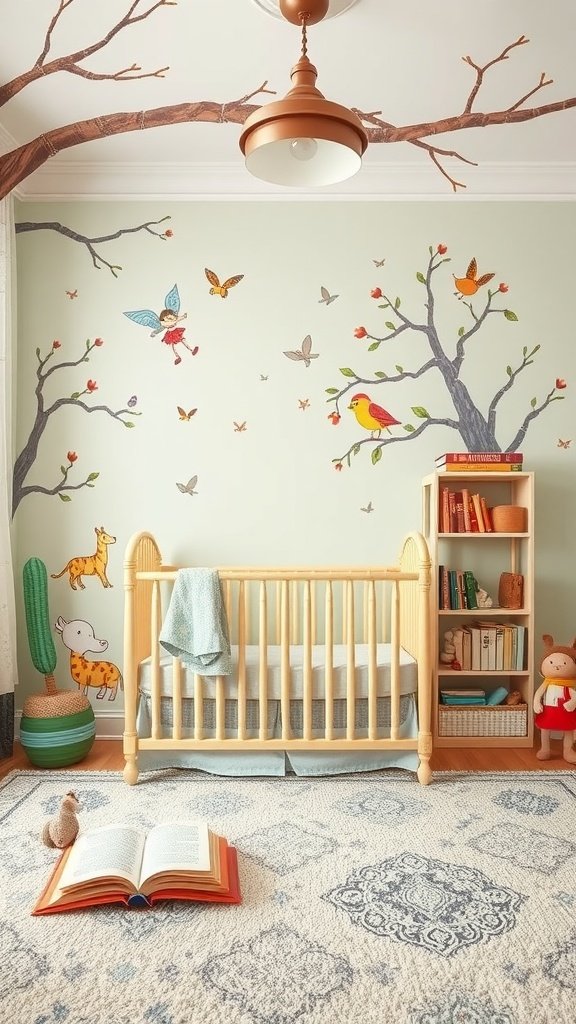A cozy nursery with tree murals, playful animal illustrations, and a crib, creating a storybook atmosphere.
