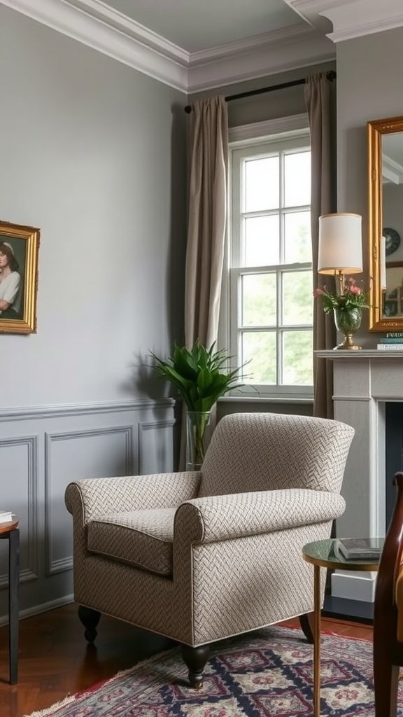 A cozy living room featuring classic tweed fabric on an armchair.