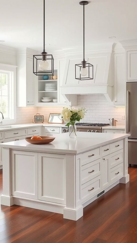 Classic white kitchen island with shaker style and wooden floor.