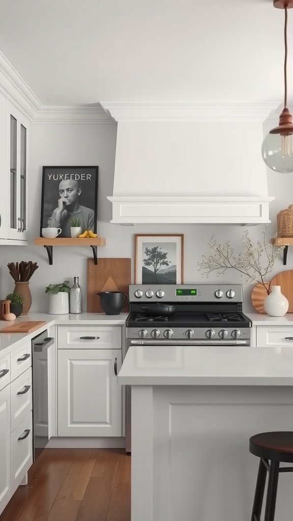 A stylish kitchen featuring white cabinetry, moody accents, and wooden elements.