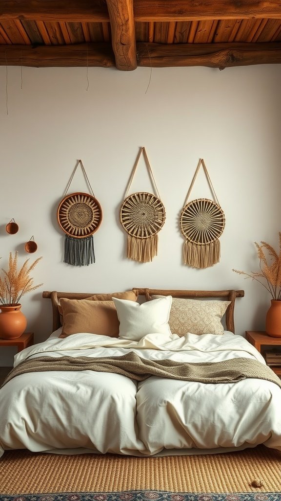 A cozy bedroom featuring clay wall hangings against a white wall, with a wooden bed and warm decorative elements.