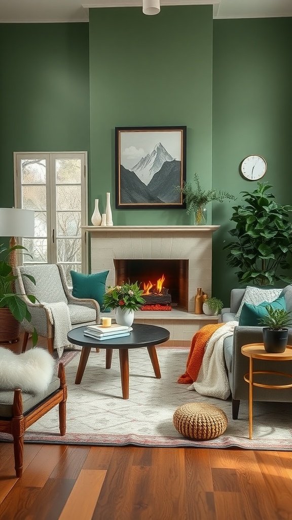 Cozy living room with clover green walls and a warm atmosphere
