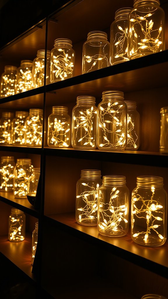 Glass jars filled with fairy lights glowing warmly on shelves.