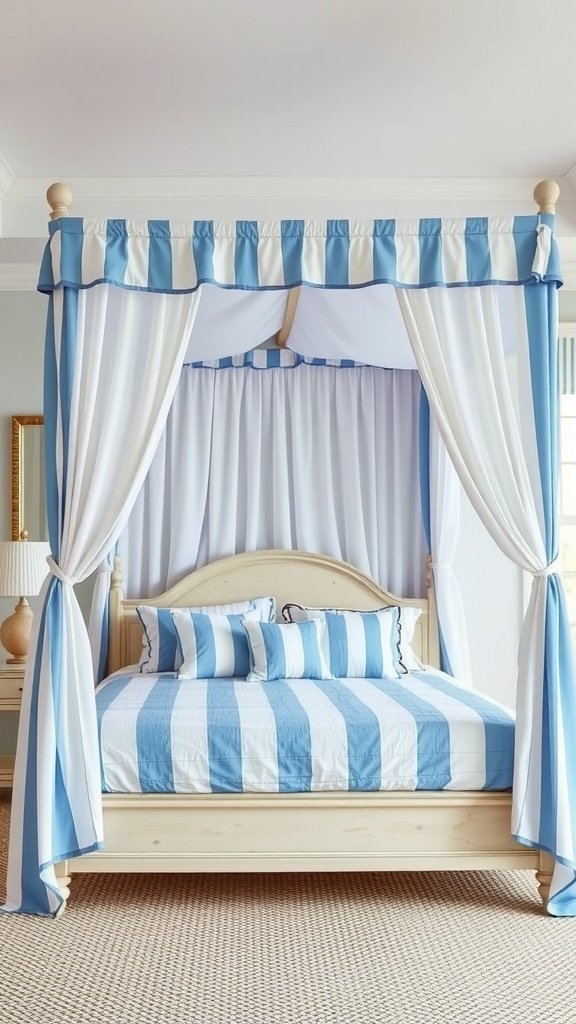 A cozy coastal blue and white canopy bed with striped bedding and flowing curtains.