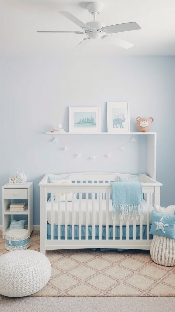 Nursery with soft blue walls, white crib, and cozy decor, creating a calming coastal retreat.