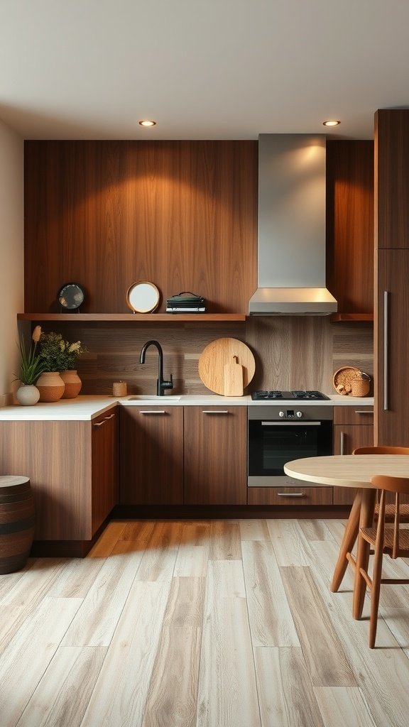 A modern kitchen featuring cocoa brown cabinetry and light ash accents, showcasing a warm and inviting design.
