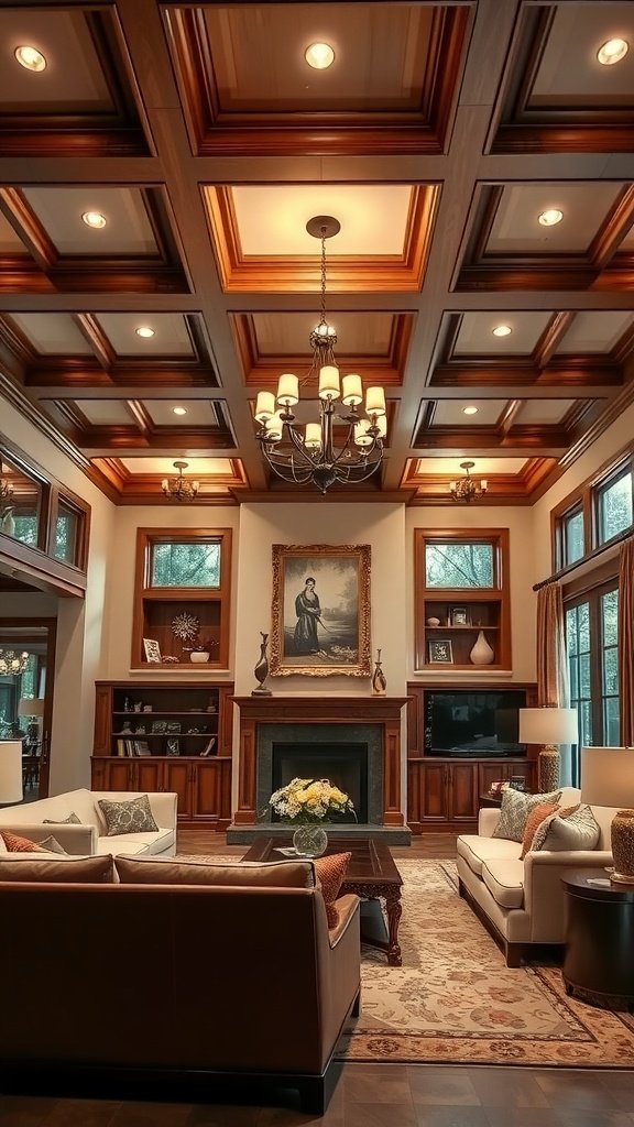 Coffered ceiling design in a stylish living room.