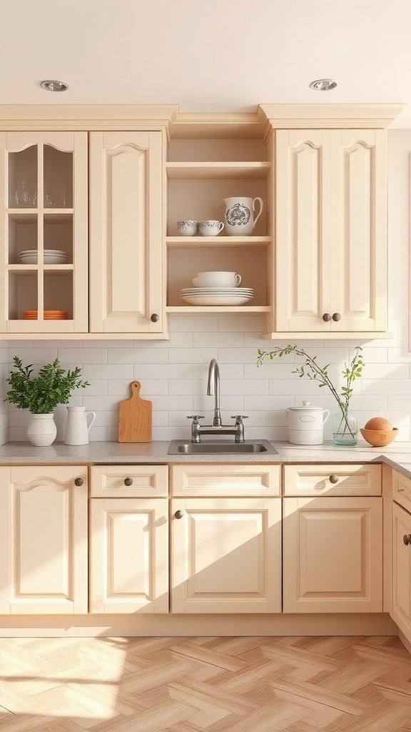 A cozy kitchen featuring soft cream cabinets and warm wood flooring.