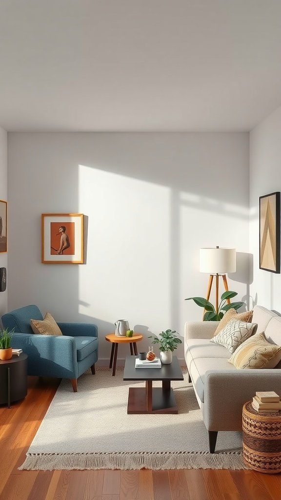 A minimalist small living room with cohesive color scheme featuring a light gray sofa, blue armchair, and wooden accents.