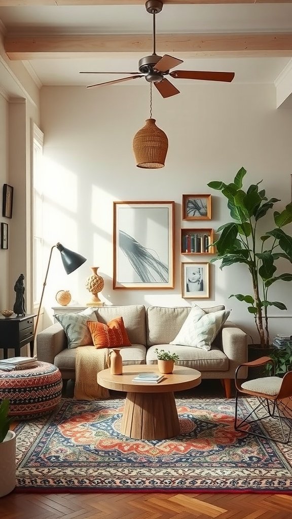 A cozy living room featuring a mix of patterns, colors, and textures, with a focus on comfort and style.