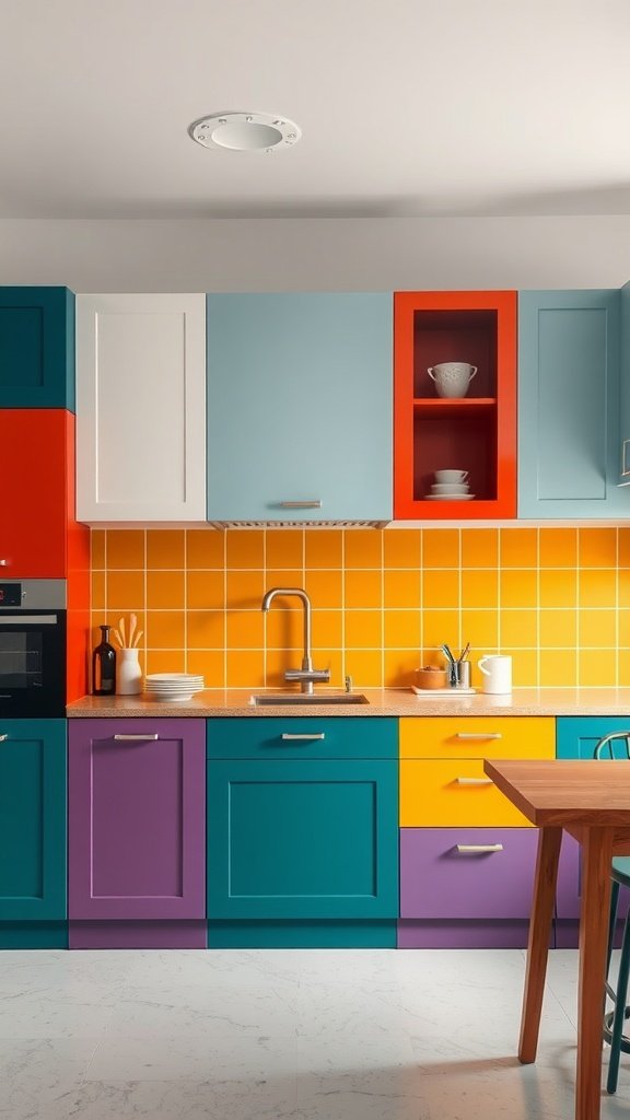 A colorful kitchen featuring two-tone cabinets in various shades.