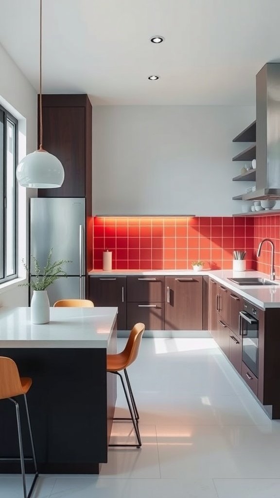 A modern minimalist kitchen featuring color-blocked zones with dark cabinets and a vibrant red backsplash.