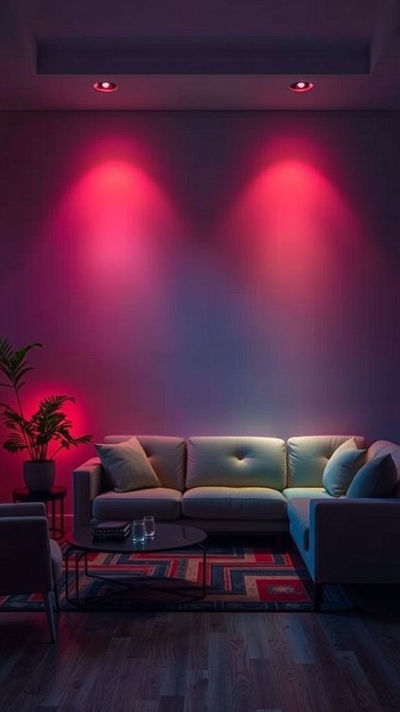 A living room with color-wash lighting, featuring warm red and cool blue tones illuminating the walls.
