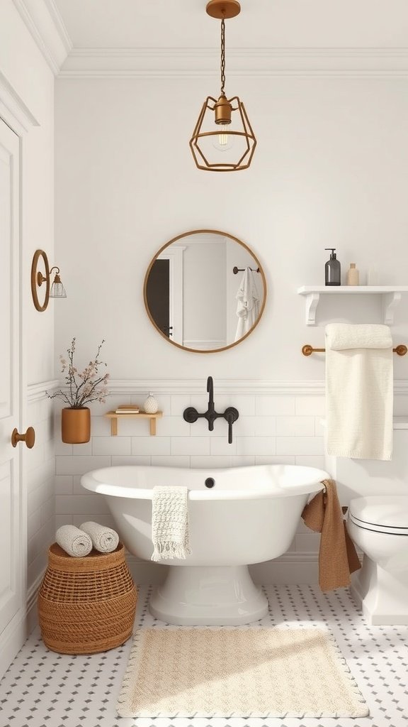 A stylish bathroom featuring a pedestal sink, shiplap accents, and warm color tones.