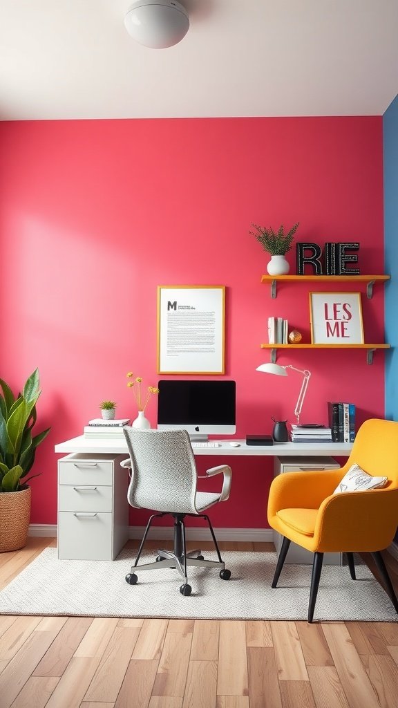 Bright pink accent wall in a cozy home office with modern furniture and decor.