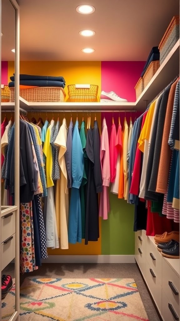A vibrant walk-in closet with colorful accent walls and neatly organized clothing.