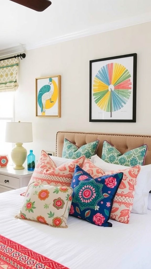 Colorful pillows on a neatly made bed with wall art in a cozy bedroom setting.