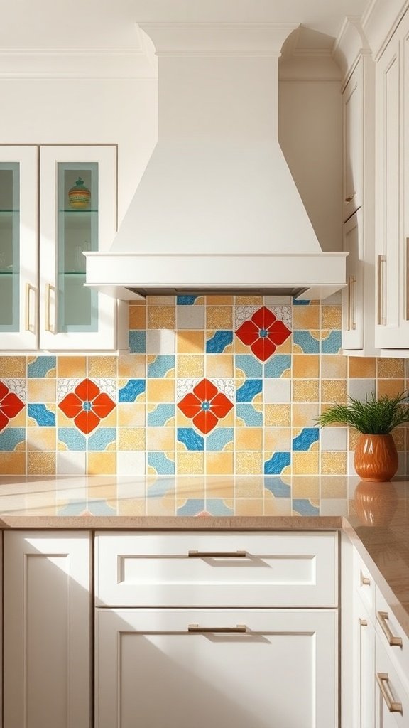Colorful tiled backsplash in a modern kitchen featuring red, blue, and yellow patterns.