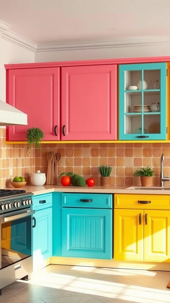 Colorful Caribbean-inspired kitchen cabinets in pink, blue, and yellow.