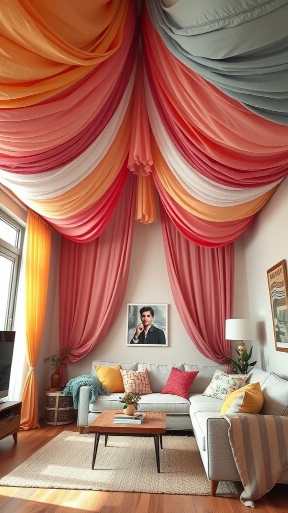 Living room featuring colorful fabric drapes and a cozy seating area.