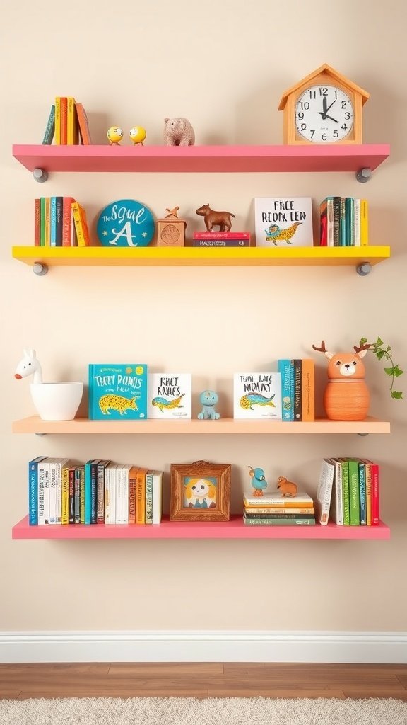 Colorful floating shelves displaying books and decorative items in a playful arrangement.