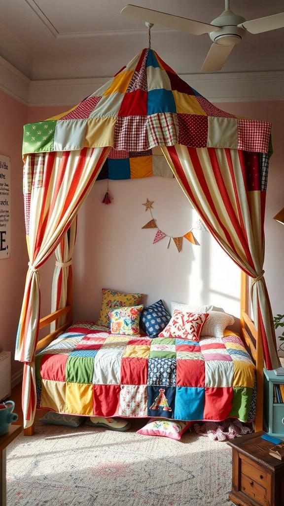 A colorful patchwork canopy bed with a cozy quilt and decorative pillows.