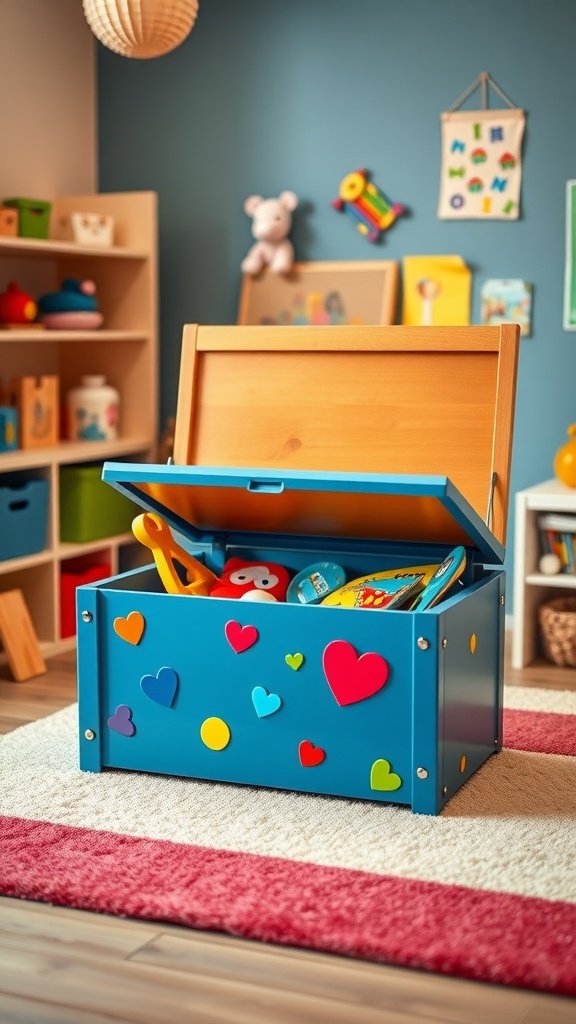 Brightly colored toy box in a playful room filled with toys.