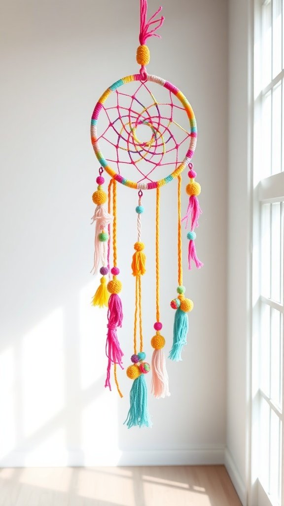 Colorful yarn dreamcatcher with playful tassels and bright colors.
