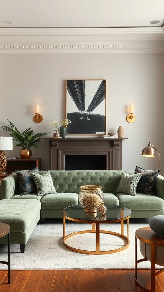 A sage green sofa with metallic accents in a stylish living room.