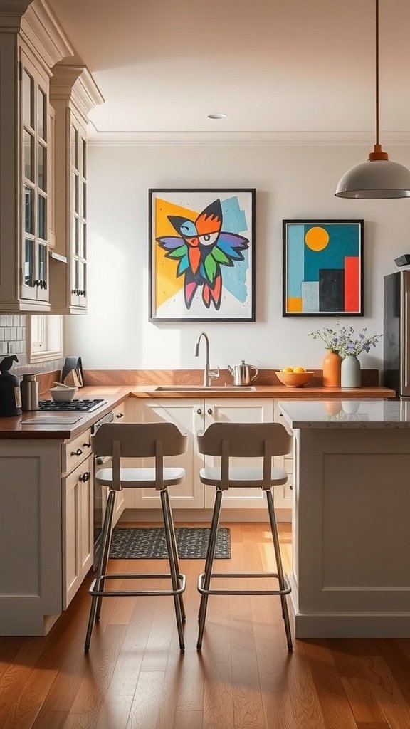 A stylish kitchen featuring modern artwork, elegant cabinetry, and bright accents.