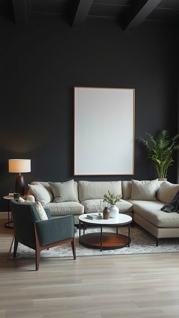 A cozy living room with dark walls and light furniture, featuring a sectional sofa, a round coffee table, and a green accent chair.