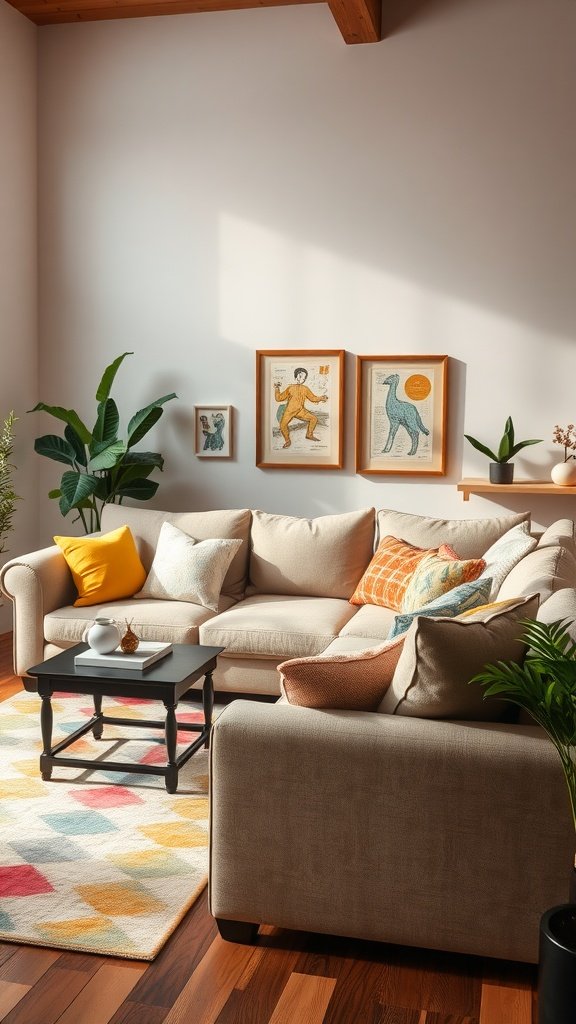 A modern farmhouse living room featuring a cozy sofa with colorful cushions and a stylish coffee table.