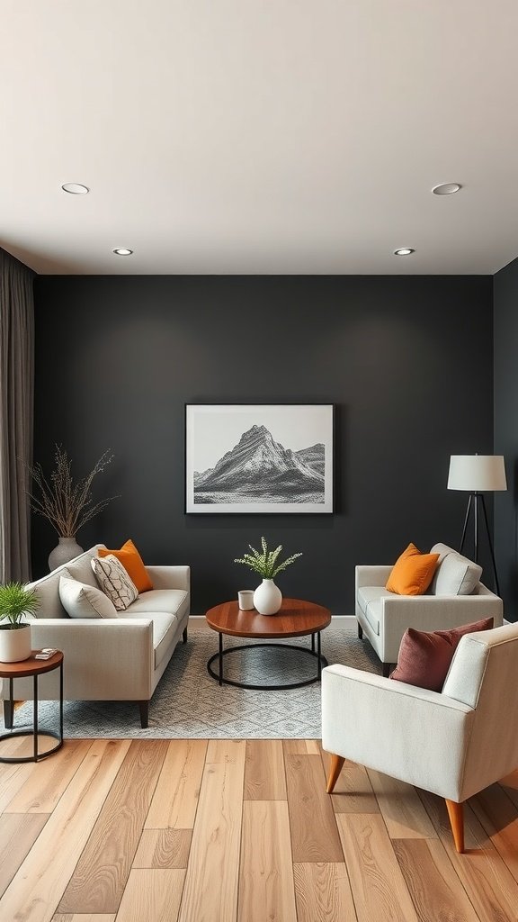 A bright living room with light furniture against dark walls, featuring cozy seating and decorative elements.