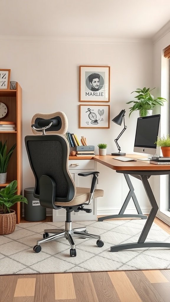 A modern home office with a comfortable ergonomic chair and a stylish desk.