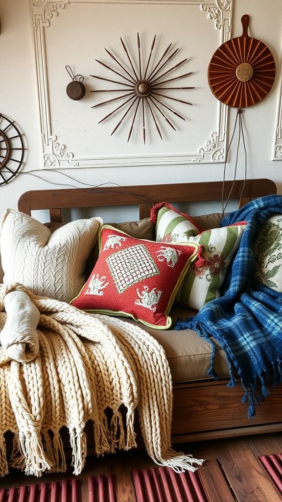 A cozy sofa draped with knit throws and decorative pillows in a rustic living room.
