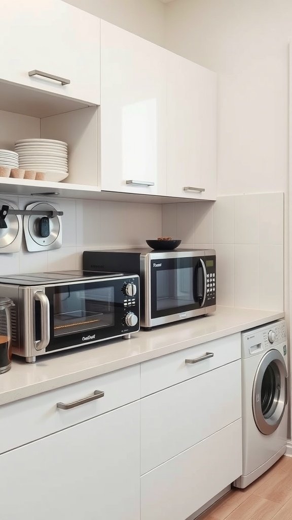 A small kitchen featuring compact appliances including two microwaves and a washing machine.