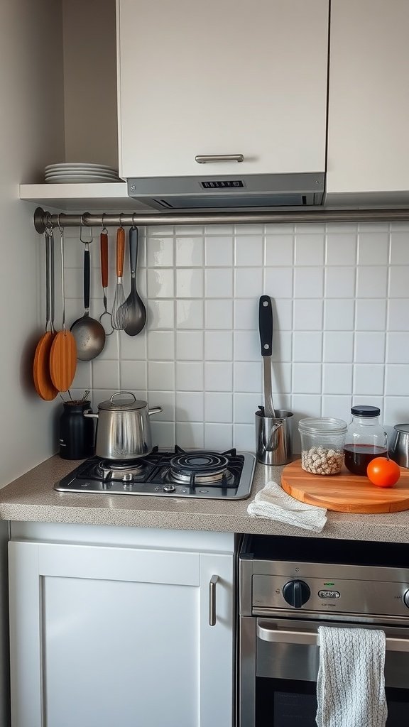 A compact kitchen with modern appliances and organized utensils.