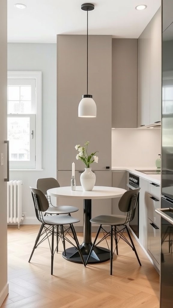 A minimalist kitchen featuring a round dining table and two chairs, complemented by simple decor.