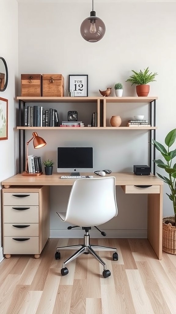 Cozy and organized small home office with a desk, shelving, and plants.