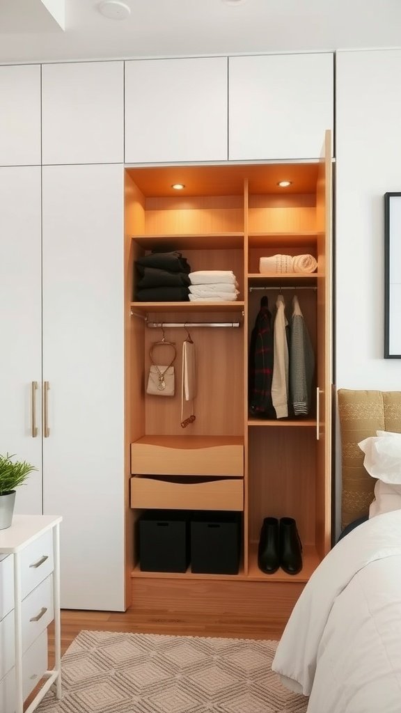 A compact wardrobe with shelves, hanging space, and drawers in a small bedroom setting.