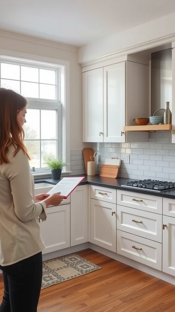 A woman reviewing kitchen design plans in a modern kitchen.