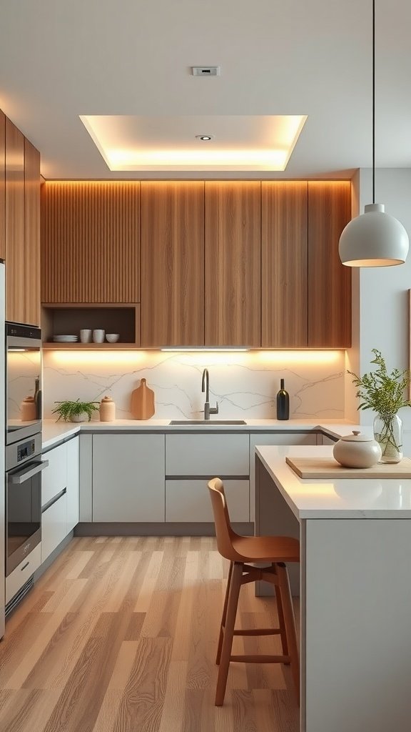 A contemporary kitchen with wood accents and minimalist design.