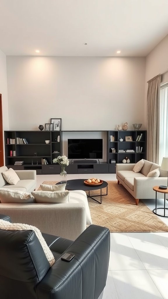 A modern living room featuring beige sofas, black furniture, and a neutral color palette.