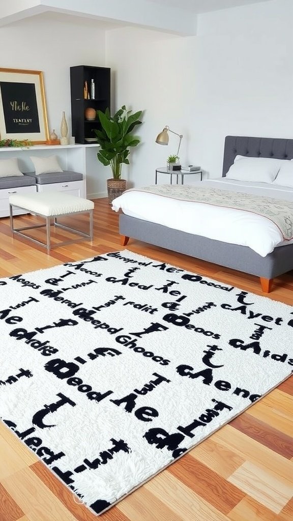 A contemporary black and white rug with text patterns on a wooden floor