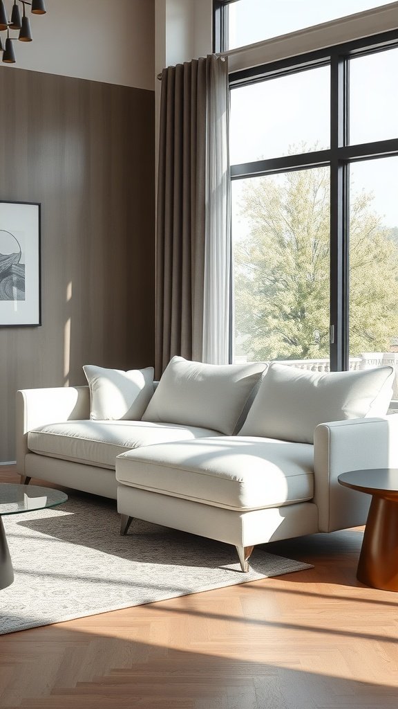 A contemporary chaise lounge sofa in a stylish living room setting.
