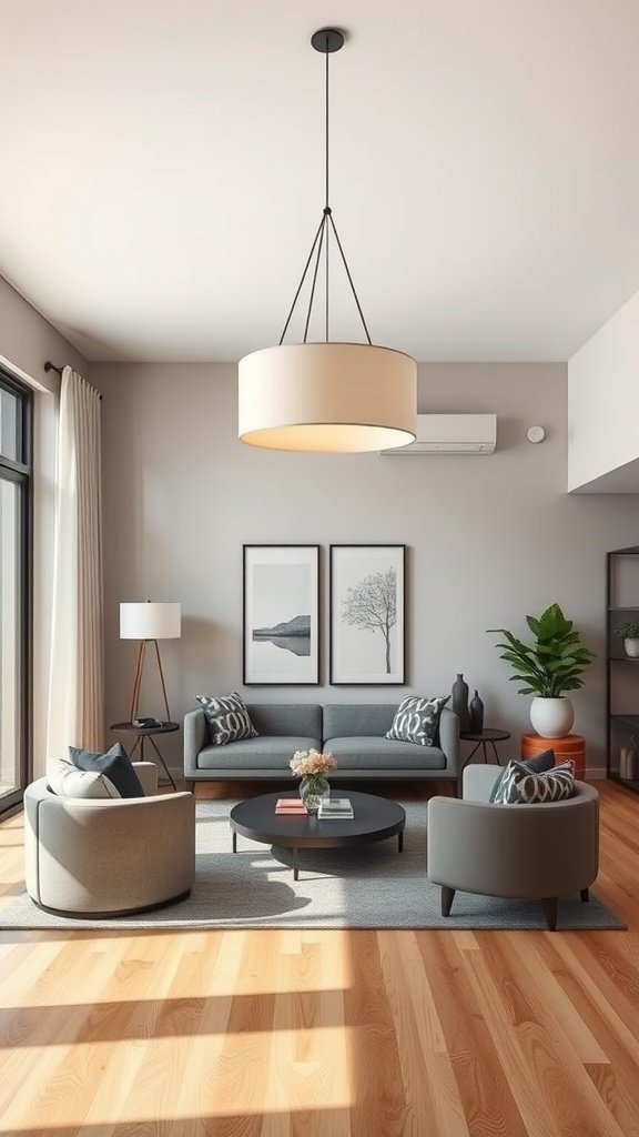A contemporary drum shade light hanging in a modern living room with a gray sofa, round coffee table, and large windows.