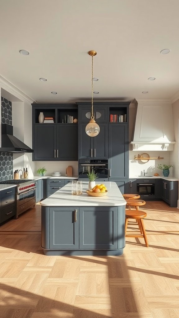 A modern kitchen featuring dark cabinetry, a large island, and a cozy atmosphere.